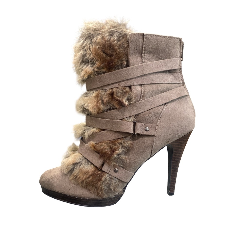 Elle Taupe Faux Suede Faux Fur Strap Wrap Stiletto Ankle Boots ELZOE Size 8.5M